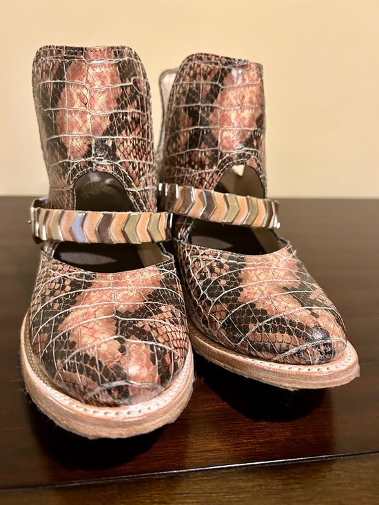 freebird Shoes - Freebird Blade Pink Brown Snake-Print Ankle Booties with Chevron Strap